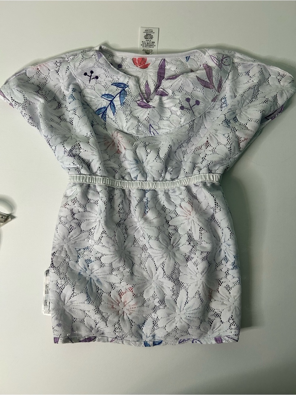 Disney White Eyelet Top with Purple, Blue & Coral Floral Accents Kaftan sleeves - Picture 8 of 9